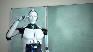 Humanoider Roboter als Lehrer vor einer Schultafel